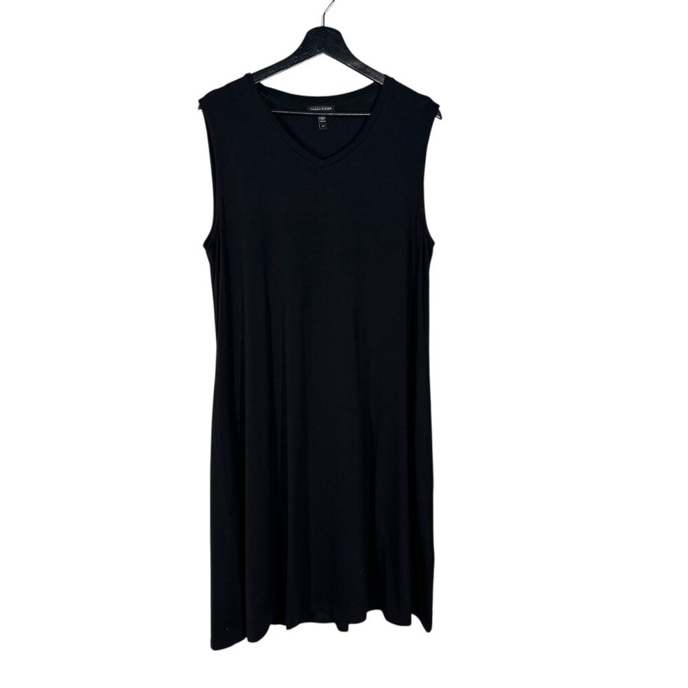Eileen Fisher Black Tencel Sleeveless V Neck Shift Knee Length Dress Large